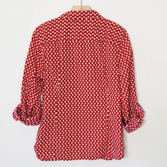 Tommy Hilfiger 3X Scarlet Red White Ditsy Floral Chambray Trim Tab Sleeve Shirt - Picture 3 of 7